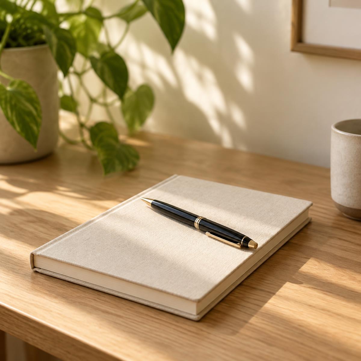 Open notebook and fountain pen on a warm oak desk beside a green plant